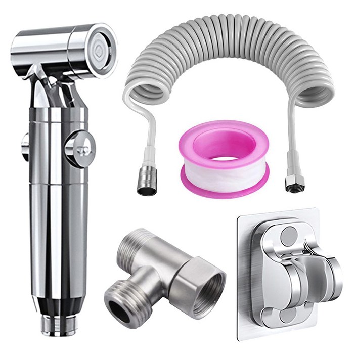 쉐리엘 욕실 화장실 베란다 스프레이건 + 무타공 브라켓 + T자형 연결밸브 + 스프링 코일 호스 세트