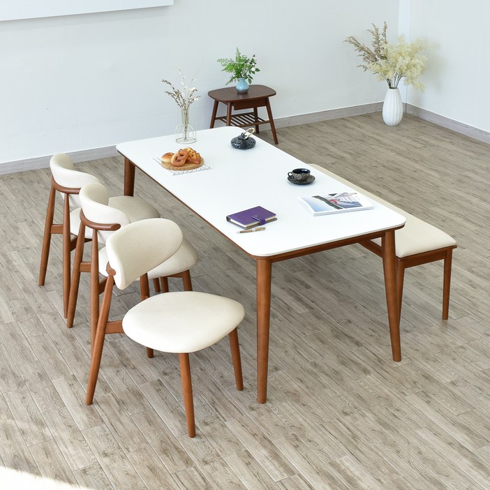 이즈네이처 누베 세라믹 식탁 6인용  의자3p  솔리드 3인 벤치 세트 방문설치, 퓨어화이트식탁, 브라운의자,벤치, 일반 3  벤치 1