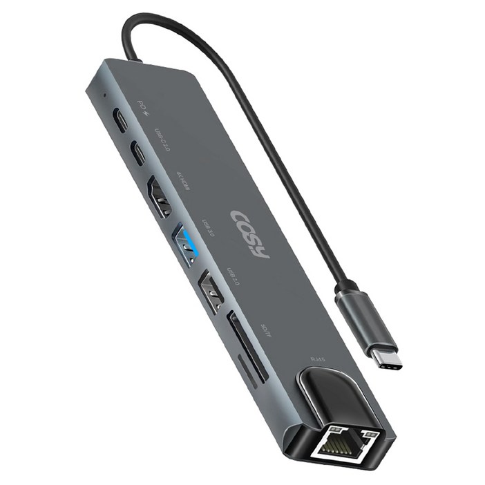 코시 8포트 C타입 이더넷 멀티 USB허브 PD USB3.0 USB A C타입 USB2.0 LAN 4K HDMI SD TF, 그레이, 1개