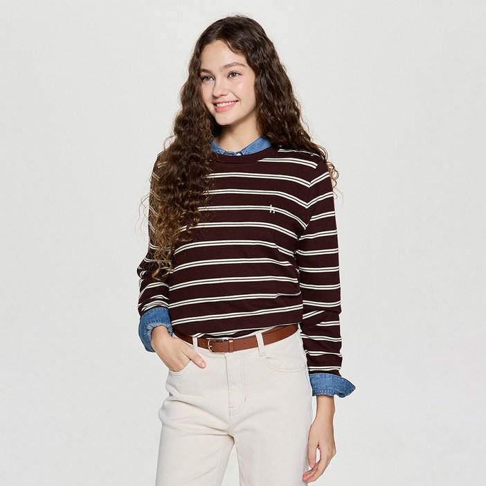 헤지스 여성용 클래식핏 니트라이크 스트라이프 스웨트셔츠