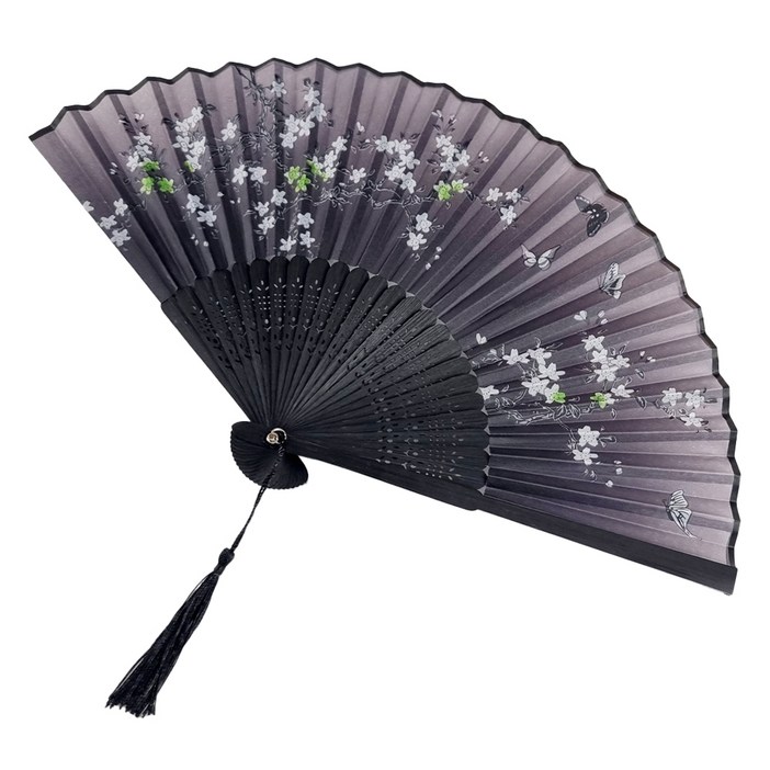 꽃과 나비 수공예 타공 실크 부채, 블랙본검정색, 1개