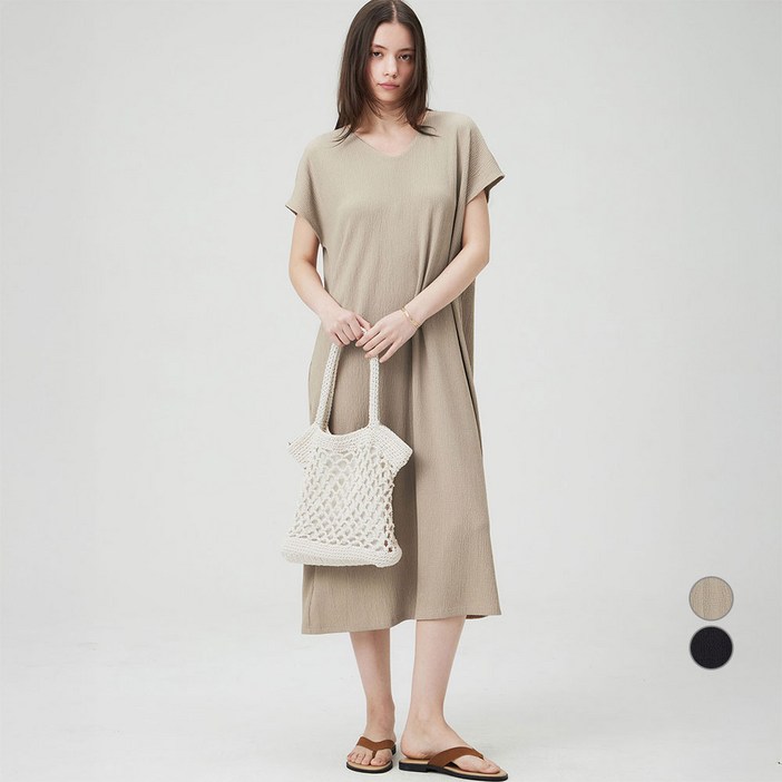 ELLEPARIS 여성용 주름가공 여름니트 이지핏 브이넥 롱 원피스