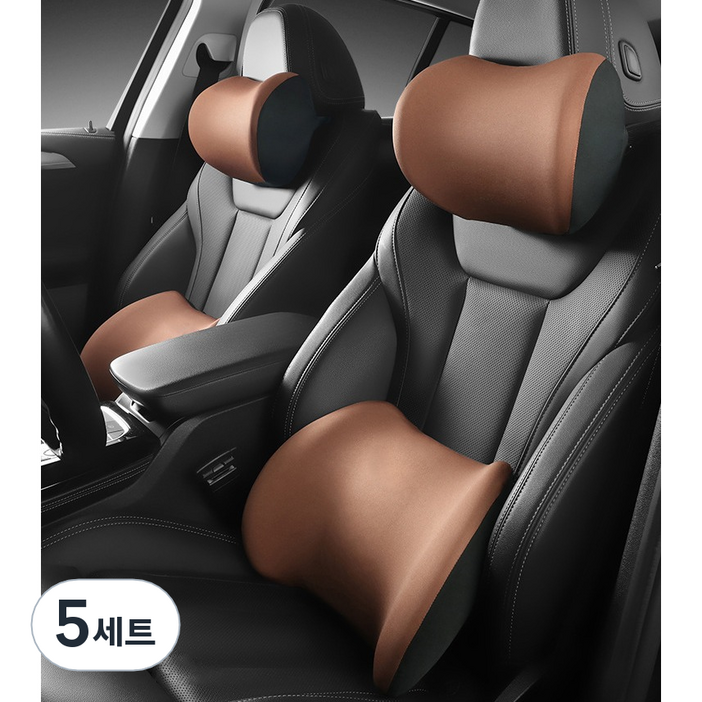 리버폭스 차량용 메모리폼 목 허리 쿠션 세트, 브라운, 5세트