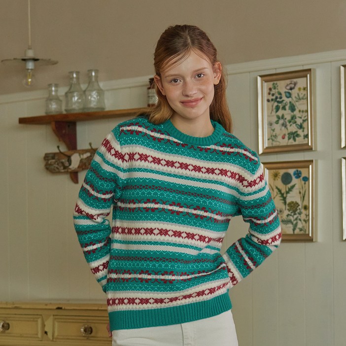 비키 여성용 배색 노르딕 라운드넥 스웨터 TJUCZ4943