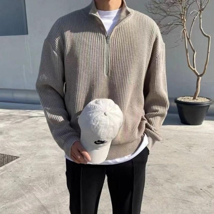 제이티엘 남성용 반집업 스탠드업 카라 박시 니트