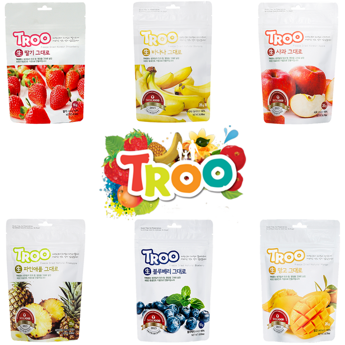 TROO 동결건조 과일칩 6봉 묶음 상품딸기,블루베리,사과,바나나,파인애플,망고, 1세트
