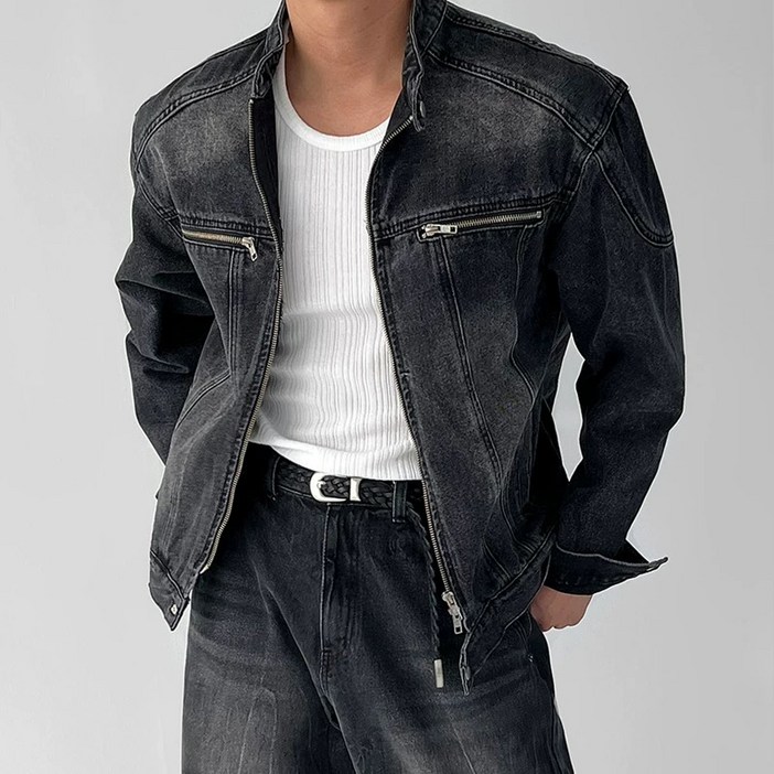 워싱 데님 바이커 자켓 청 자켓 공용 크롭