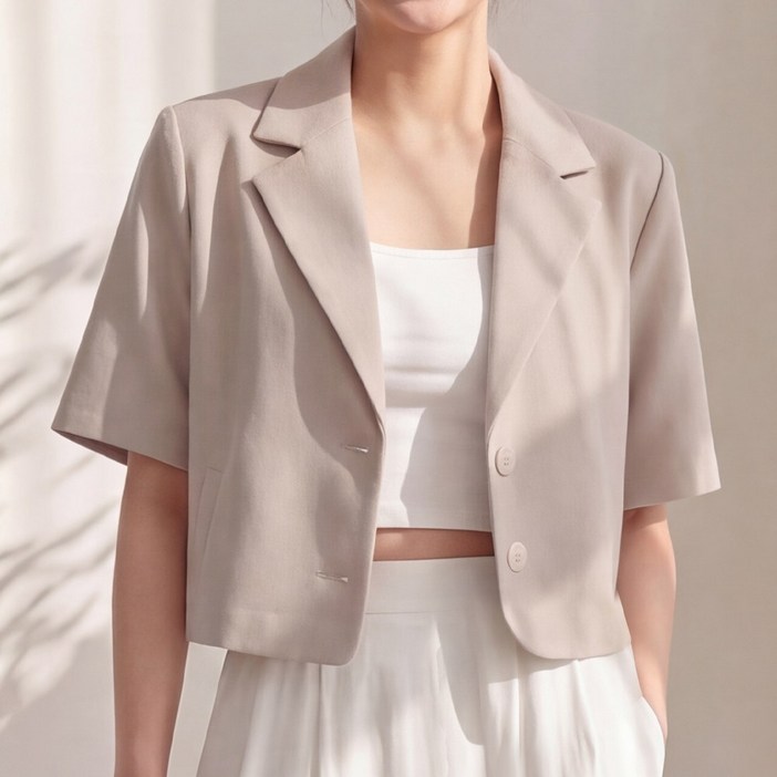 라뷰드 여성 여름 싱글 세미 크롭 반팔 자켓 여자 봄가을 여름 정장 루즈핏 카라 아우터 시원한 데일리 캐주얼 페이크 포켓 겉옷