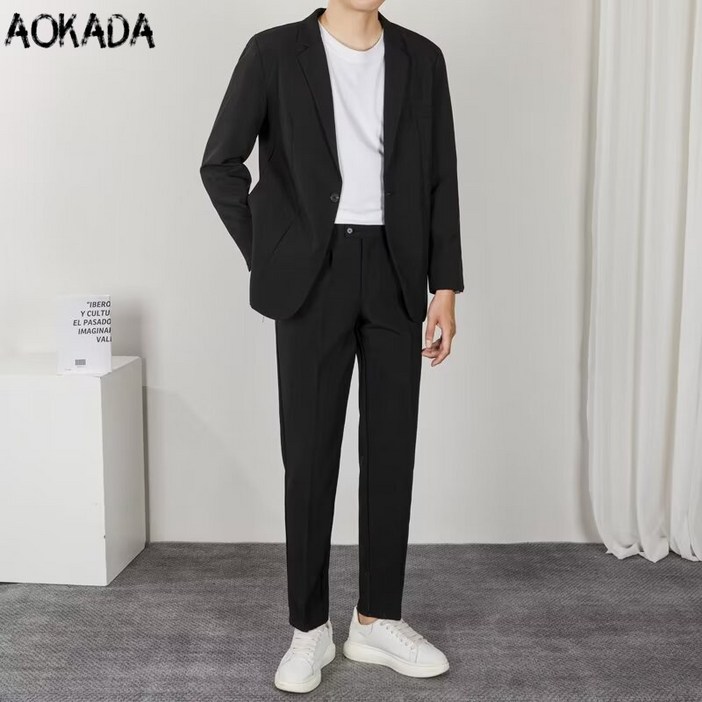 AOKADA 남성 정장세트 캐주얼 사계절 원버튼 수트 고급 셋업 면접 결혼식 정장세트