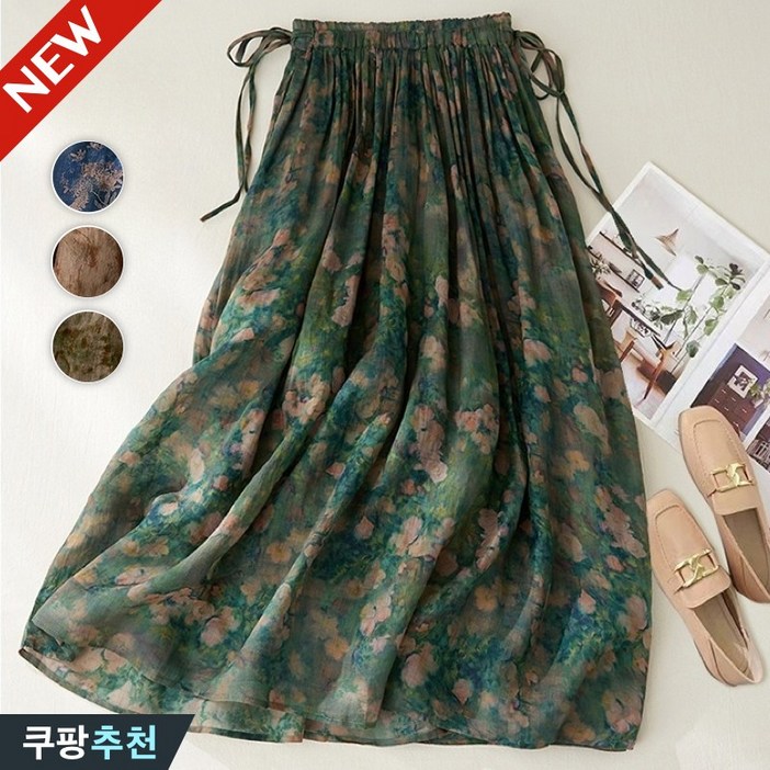 (고품질) 80kg까지 여성 핏 예쁜 플라워 린넨 맥시 밴딩 스커트 여름 날씬해보이는 신상 빅사이즈 프린트 면마 하이웨이스트 큰옷 중년 엄마 우아한 단아한 브라운 a라인 롱 치마