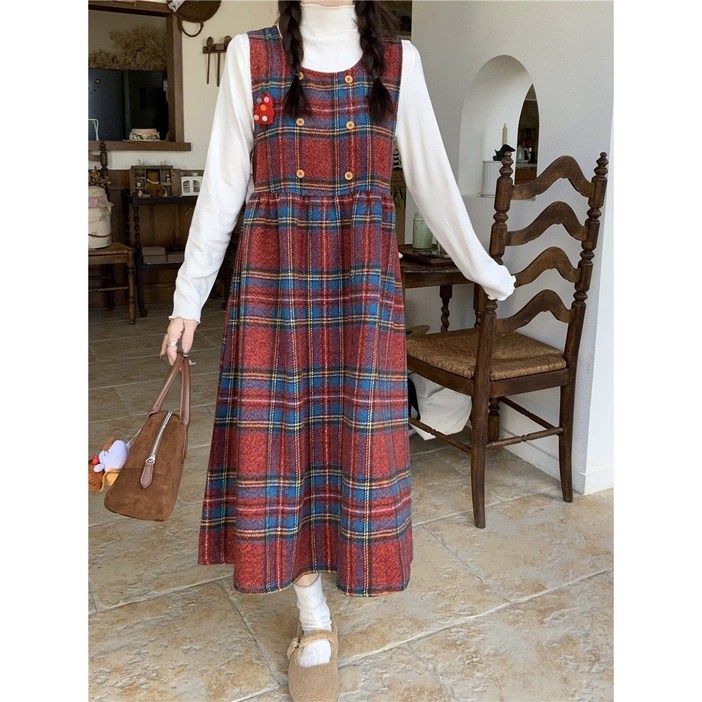 여성 체크 민소매 롱원피스  겨울 A라인 뷔스티에  허리 스트링 리본  더블 버튼 디테일