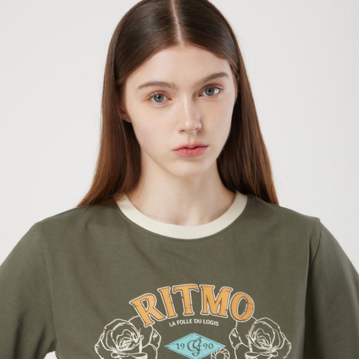 [AK플라자] [씨씨콜렉트] 넥배색 로즈 프린트 티_C253PSM027