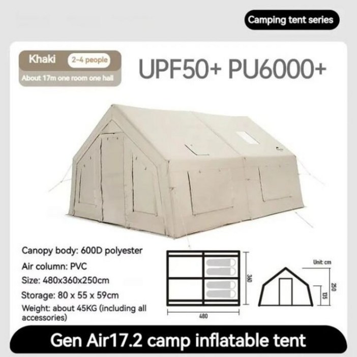 네이처하이크 에어 17.2 글램핑 팽창식 텐트, 럭셔리 방수 하우스 4 인 가족 야외 캠프 여행, 굴뚝 구멍 포함