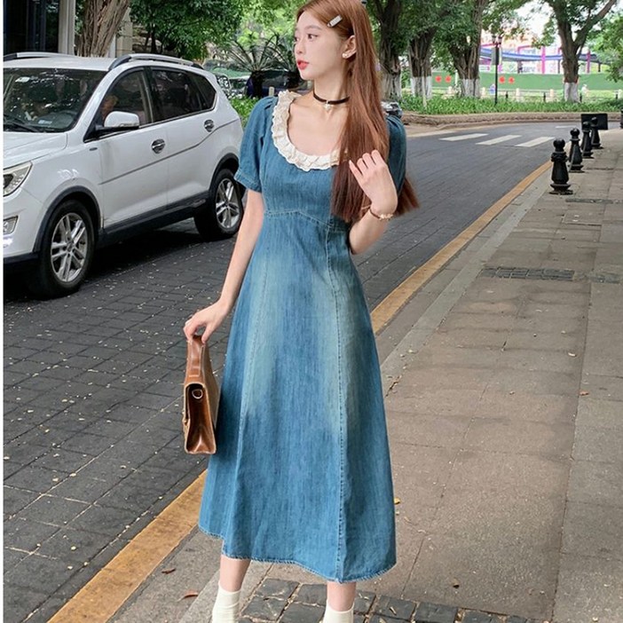 옌츠 빅 사이즈 여성복 레이스 롱 데님 원피스 JNN528