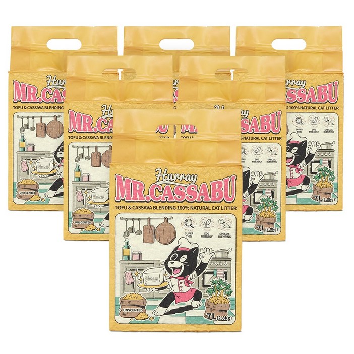 허레이 미스터 카사부 응고형 두부 카사바 블렌딩 고양이 모래, 7L, 2.8kg, 6팩, 무향