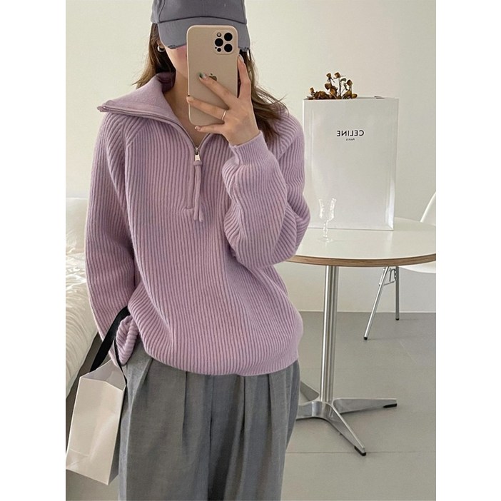 여성 오버핏 루즈핏 데일리 터틀넥 반집업 카라넥 도톰 소프트 긴팔 니트 뉴반집업니트