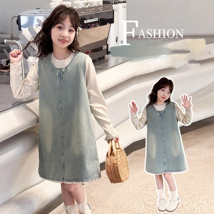 패션플래시 여아 레이스 나시 멜빵데님원피스 긴팔 니트 이너 세트 민소매 원피스 라운드넥 상의 투피스 세트