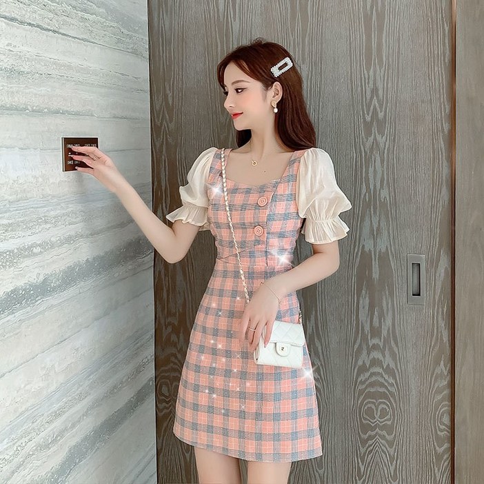 해피유통 여성 봄 여름 체크 패턴 퍼프 소매 스퀘어넥 러블리 스타일 원피스 버튼 디테일lky 해피유통 여성 봄 여름 체크 패턴 퍼프 소매 스퀘어넥 러블리 스타일 원피스 버튼 디테일lky