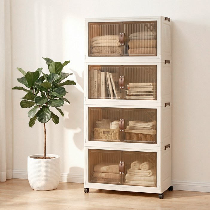 SHEU 대용량 다용도 접이식 이동식 수납장 가정용 플라스틱 리빙박스, 투명 브라운