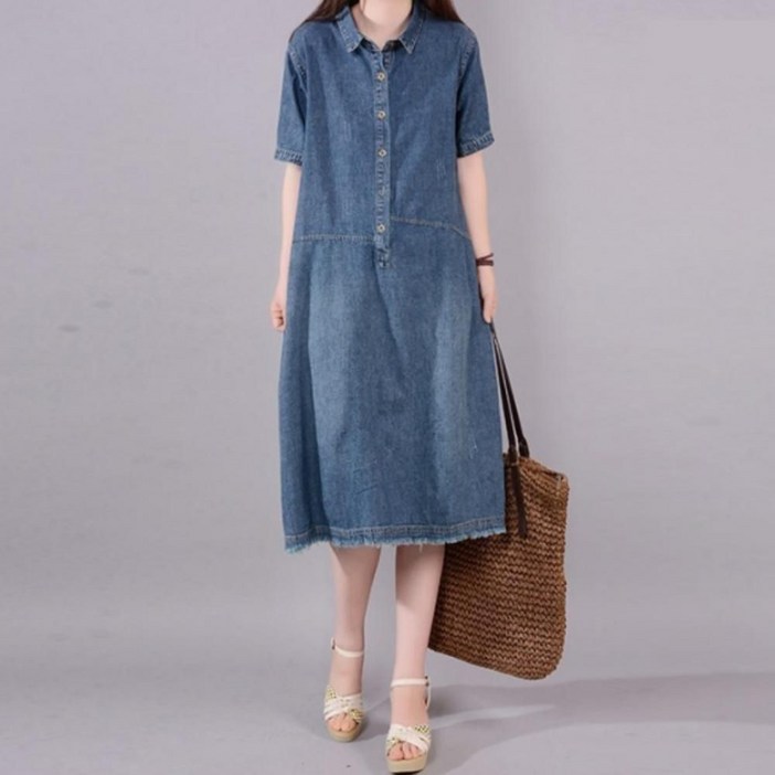 데님 원피스 반팔 청 여성 여름 카라 봄WFH8JHW