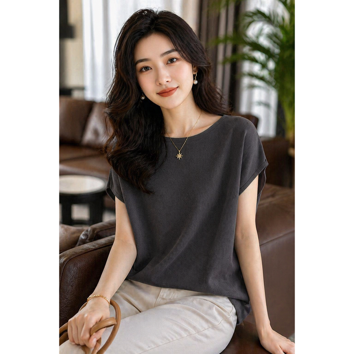 MINA STYLE 쿨 니트 반팔티 여성 여름 루즈핏 프렌치 감성 데일리 시원한 라운드넥