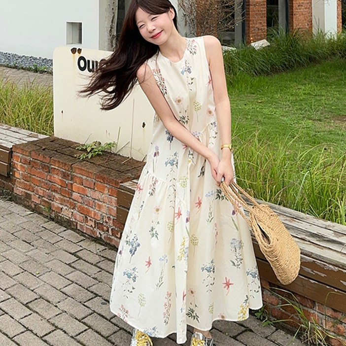 홍언목요 나시원피스 롱원피스 여성 여름 플라워 러블리 루즈핏 민소매 원피스