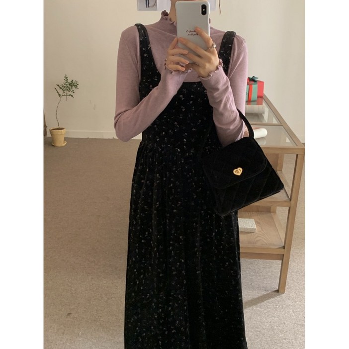 몰리 스퀘어넥 벨벳 플라워 꽃무늬 잔꽃 패턴 뷔스티에 임산부 빅사이즈 플레어 롱 원피스