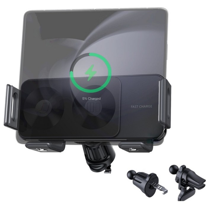 isee아이시 폴드3456호환 차량용 휴대폰 15W고속 무선 충전 거치대, 블랙, 1개