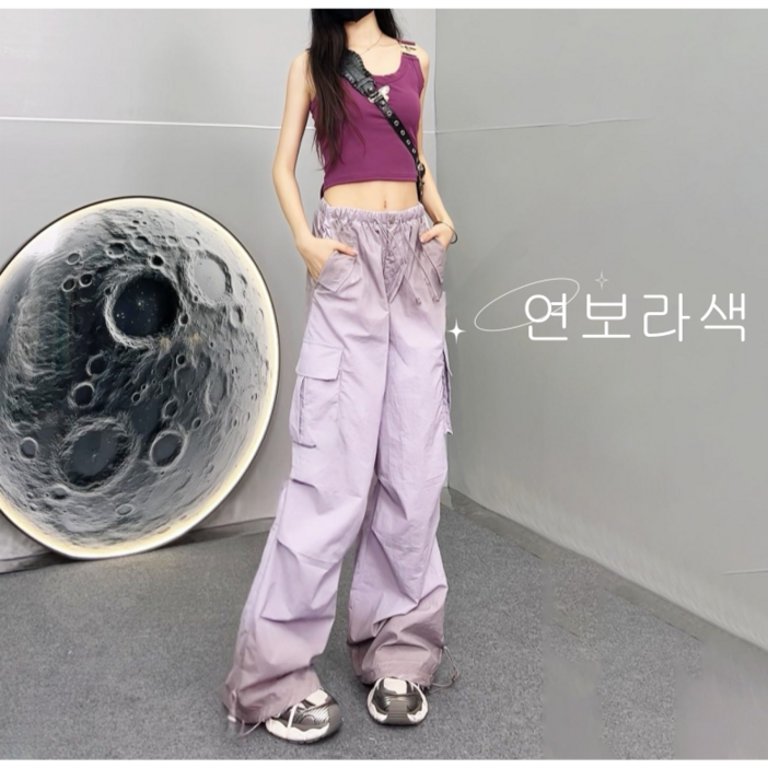 트렌드 피크 여성 카고바지  그러데이션 팬츠 포켓 카고 스트링 팬츠 허리스판 밴딩  그러데이션 팬츠 얇고 편한한 바지