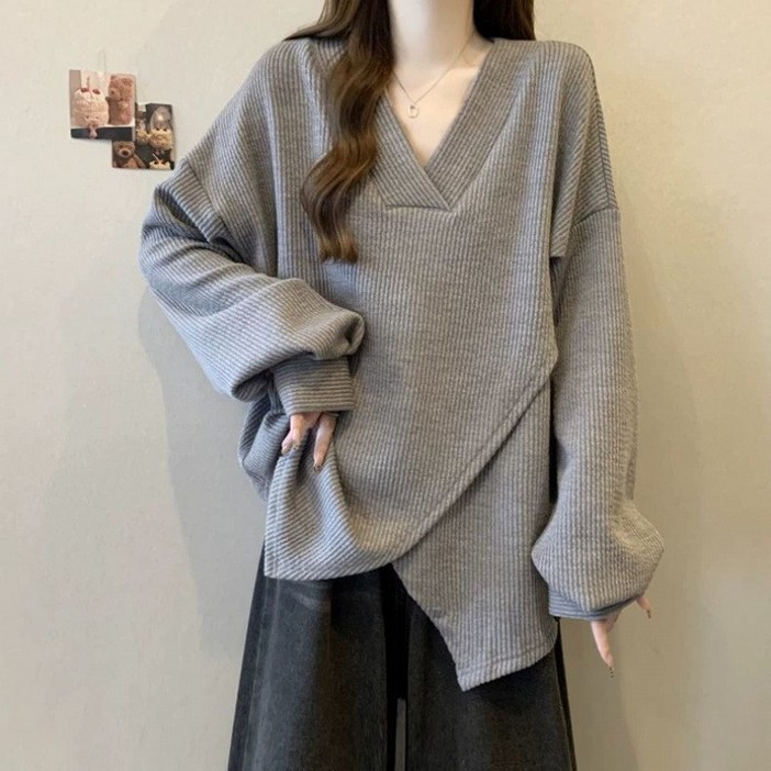 플러스사이즈  긴팔 티셔츠 슬림 실루엣 체형 커버 우아한  순색 트렌디한 데일리 오버핏 긴팔