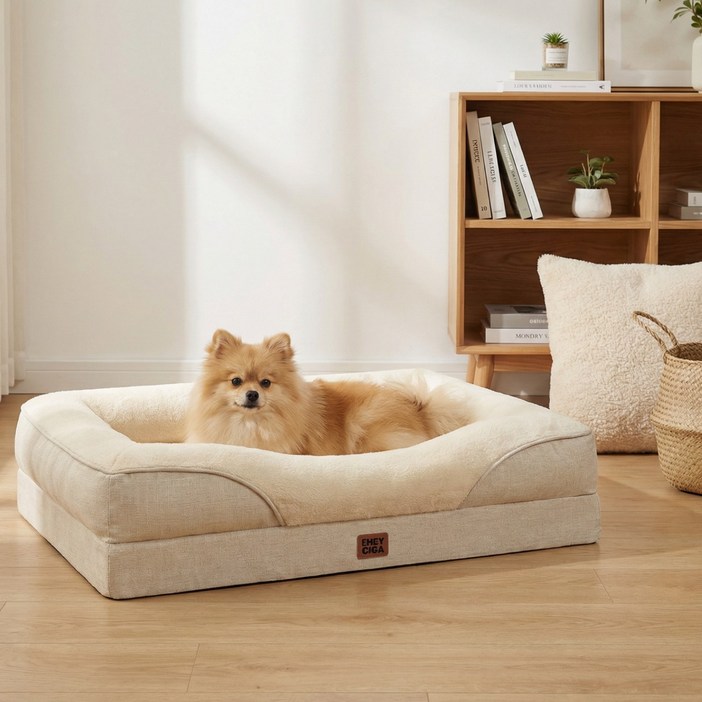 EHEYCIGA 메모리폼 정형외과 4면 보호 강아지방석 방수미끄럼방지 반려견 소파, 1개, 베이지색