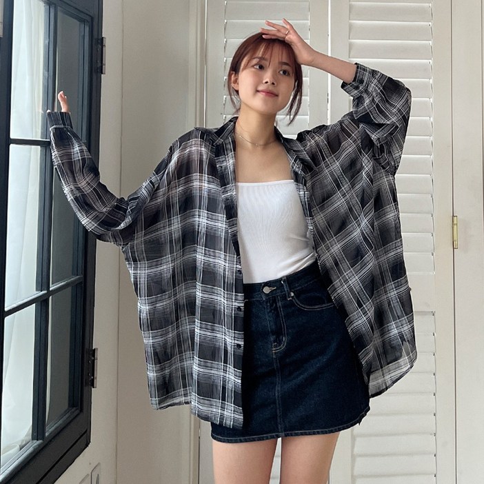 [빅사이즈/5XL] 여리핏/올핏 쉬폰st 쿨 체크남방(셔츠) 2color
