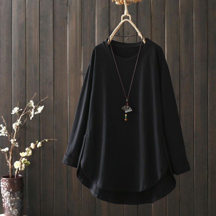 ORZQU 가을 여성 루즈핏 언발란스 톱 캐주얼 빅사이즈 긴팔 티셔츠