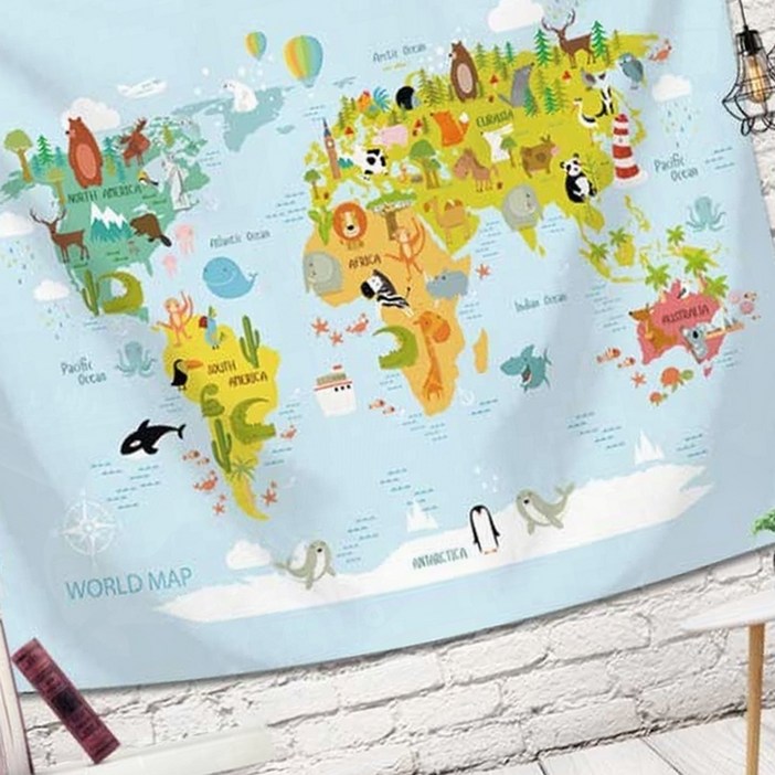 세계 지도 동물 그림 벽장식 방꾸미기 천 현수막 어린이