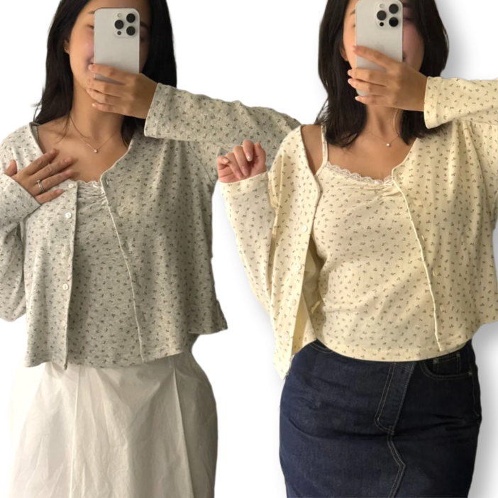 누보마켓 여성 여리핏 플라워 펀칭 나시 가디건 세트