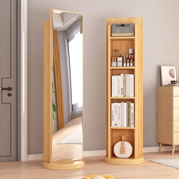 BYOU 원목 전신거울 인테리어 전신거울 360도 양쪽 회전 4단책장