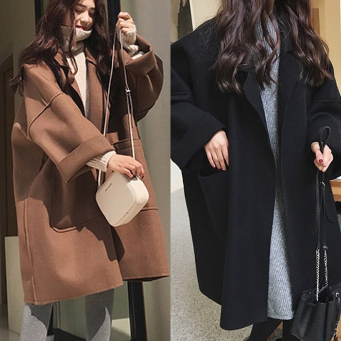 리더스타 여성가디건 블랙+브라운 2장 오버핏 여성코트 빈티지 긴팔 트랜치코트 가을 겨울 코트 가디건