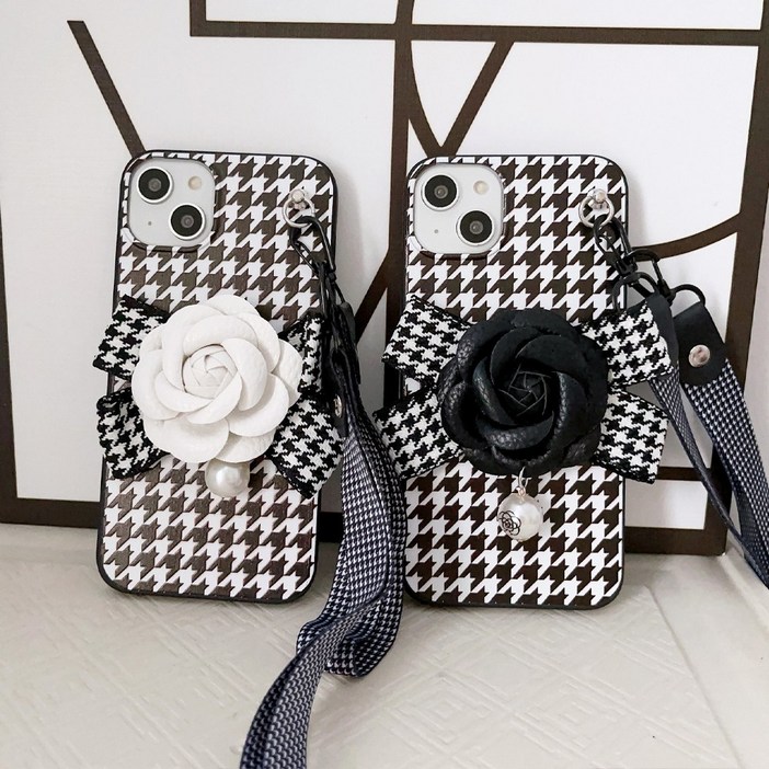 삼성 갤럭시 A시리즈 전기종 하운드 체크 패턴 플라워 입체 파츠 목걸이 스트랩 줄 세트 실리콘 범퍼 핸드폰 케이스