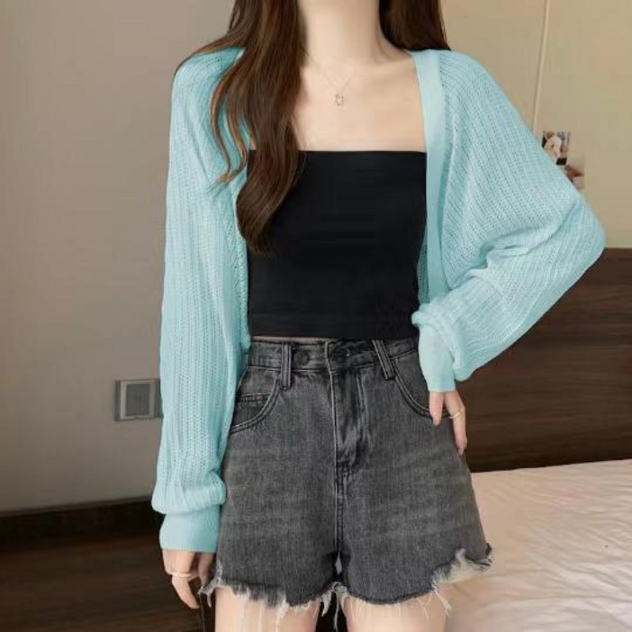 JIEVE 여자 여름 펀칭 니트 가디건 가오리핏 얇은 겉옷 에어컨 가디건 SL052630