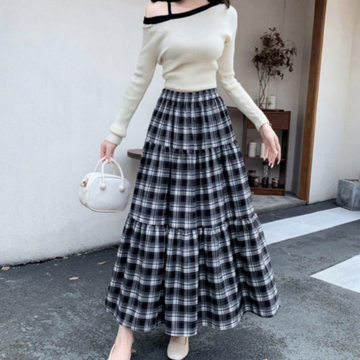 여성 롱 스커트 플레어 체크 데일리 롱 스커트 가을