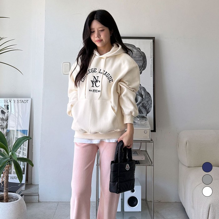 디테일웨어 여성 기모 NYC 자수 레터링 후드티셔츠 데일리 오버핏 긴소매 티셔츠 도톰한 후드맨투맨 여성스러운 티셔츠