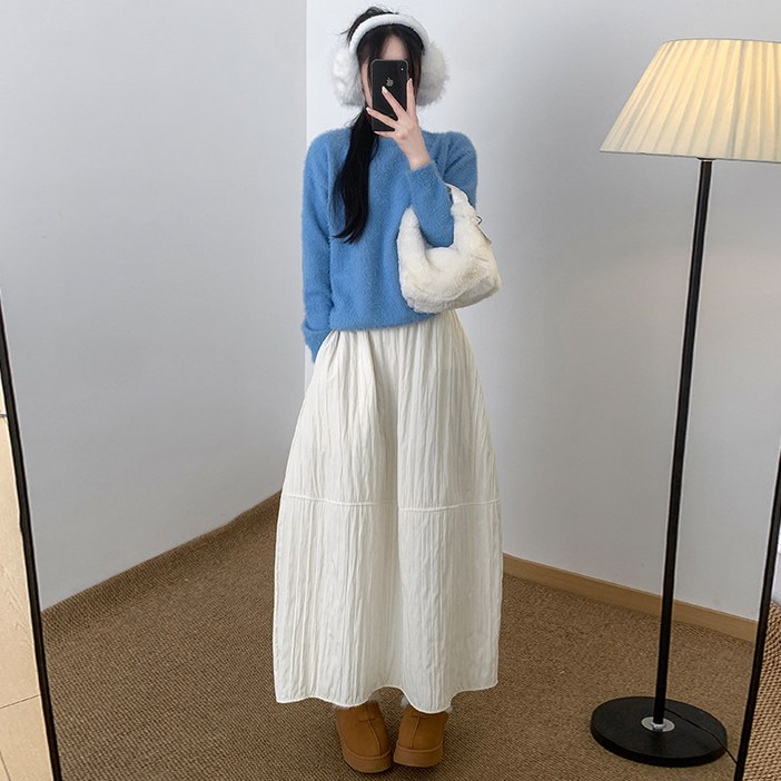 봄가을용 핏 예쁜 여성 사계절 롱 플레어 스커트 신축성 하이웨이스트 에이라인 플레어 스커트 미디기장 A라인 주름 루즈핏 플리츠 롱 스커트