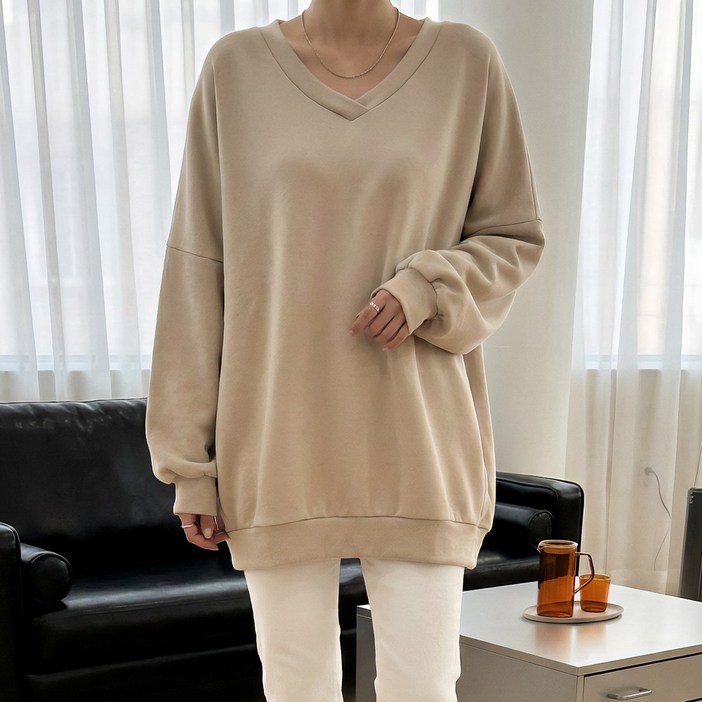 데일리앤 로헨 여성 브이넥 빅사이즈 오버핏 맨투맨 무지 박스 롱 티셔츠