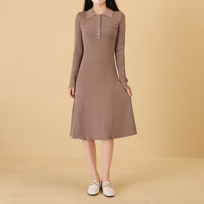 마지막SALEHIP39 긴팔 슬림 카라넥 단추 골지 롱원피스