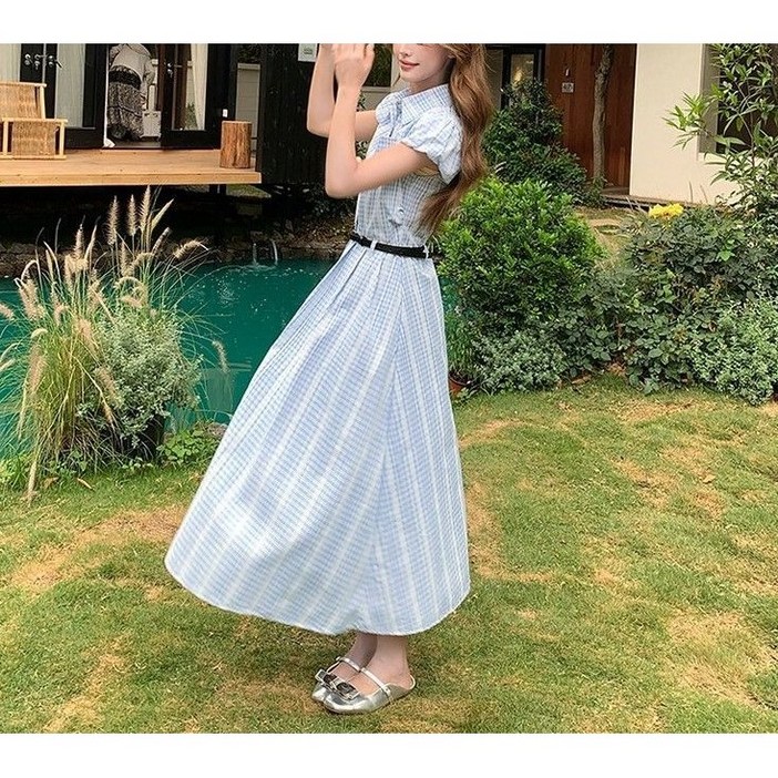한아로지스 여름신상 캐주얼 체크카라 롱 원피스벨트