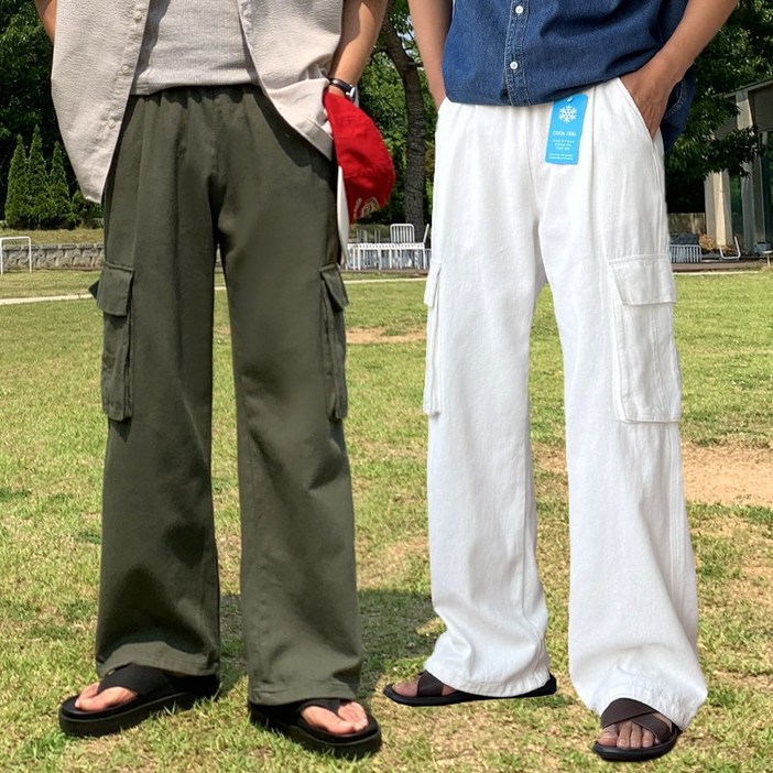 남자 사계절 롱 와이드 고퀄리티 탄탄 코튼 스트링 밴딩 카고 팬츠 바지