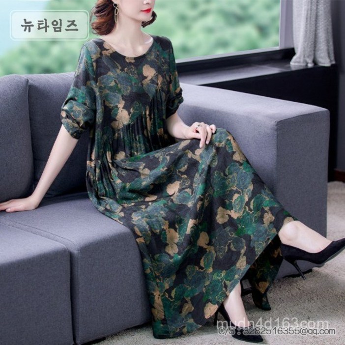 클래식 패치워크 여성 춘풍 전원 플라워 프린트 인견 언발 롱