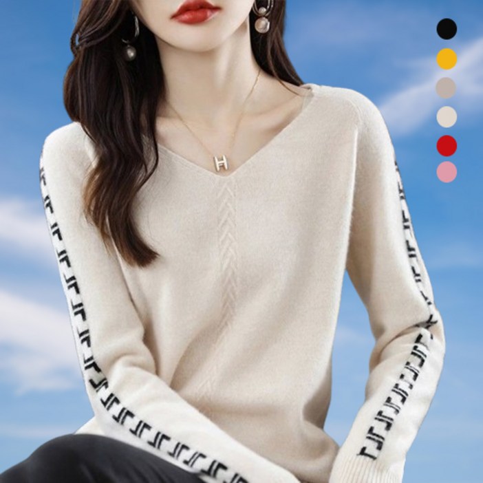 [당일출고]KAQIA 캐주얼 여성 가을 니트티 셔츠 브이넥 긴팔 니트 여성 스웨터 MY002