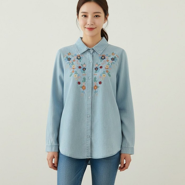 지디오 여성 플라워 자수 데님 셔츠 봄 가을 데일리 포인트 청남방 오피스 캐주얼