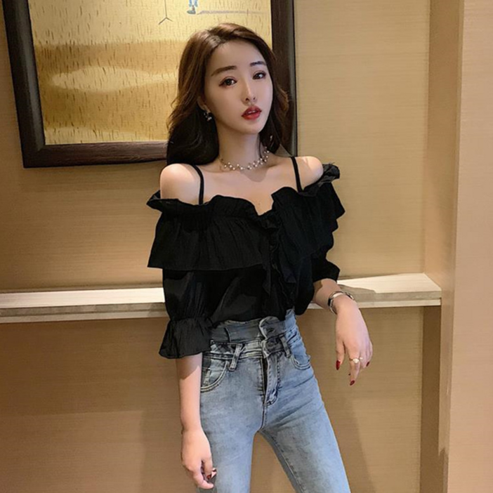 MOSAIRATION 여름 여성 블라우스 오프숄더 어깨트임 무지 7부소매 러플 루즈핏 빅사이즈 셔츠 남방 상의 S~2XL A21